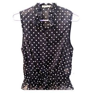 Sheer navy blue and white polka dot blouse